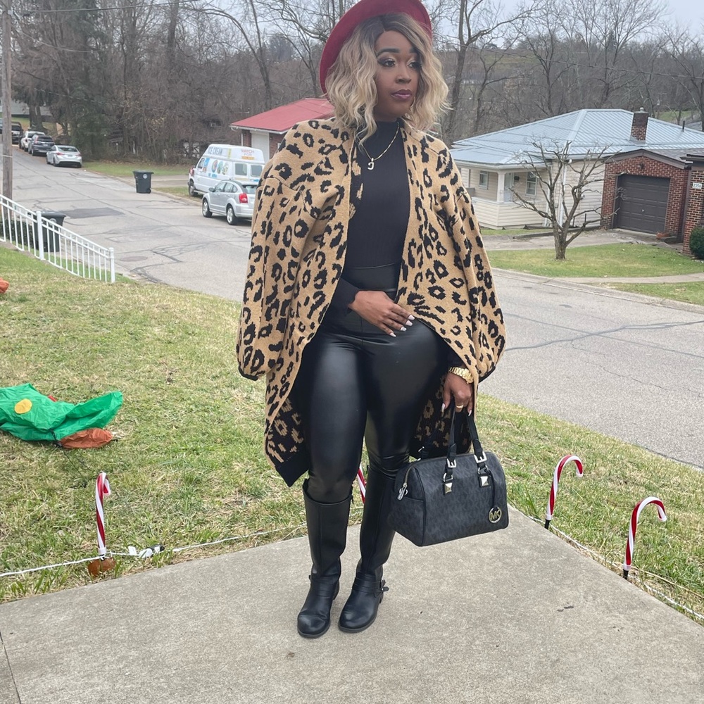 OVERSIZED LEOPARD PRINT LONG CARDIGAN SWEATER STATEMENT SLEEVES - Picture 15 of 16